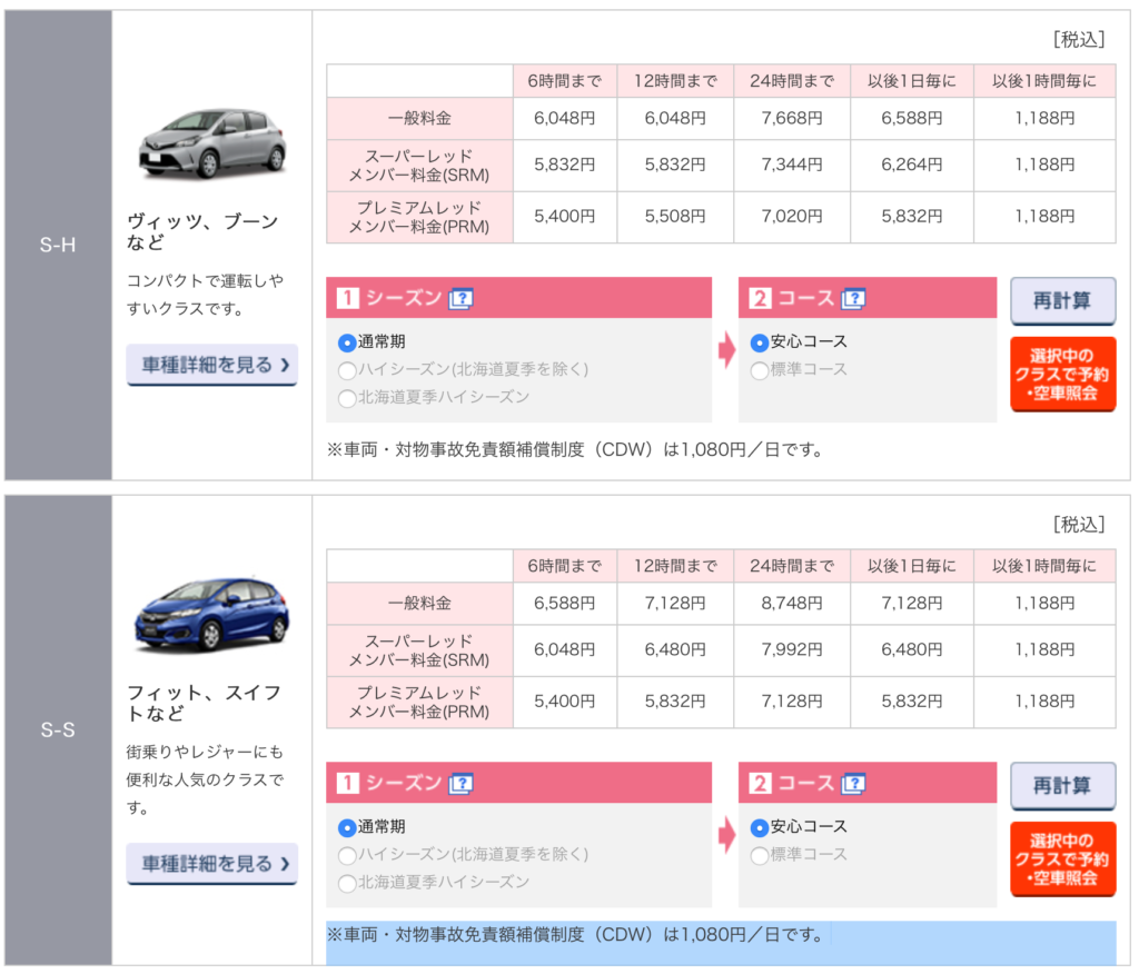 ニッポンレンタカー-料金表